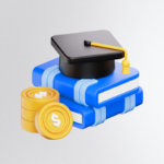 Ilustração em estilo 3D de um capelo de formatura preto sobre dois livros azuis empilhados, acompanhados por moedas douradas com o símbolo de cifrão