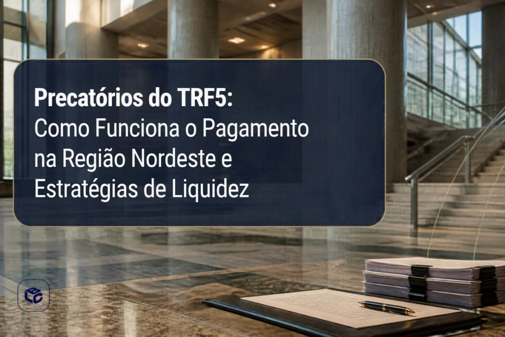 Imagem institucional sobre precatórios do TRF5. Em primeiro plano, há um quadro azul semitransparente com o texto: "Precatórios do TRF5: Como Funciona o Pagamento na Região Nordeste e Estratégias de Liquidez". Ao fundo, aparece o interior de um prédio com arquitetura moderna, grandes colunas de concreto, amplas janelas de vidro e uma escadaria com corrimãos metálicos. Na parte inferior direita, há uma pilha de documentos organizados, uma pasta executiva e uma caneta sobre uma superfície de mármore. No canto inferior esquerdo, aparece um ícone institucional. A composição utiliza tons de azul, cinza e bege, transmitindo profissionalismo, segurança jurídica e gestão financeira relacionada a precatórios. Forneça seus comentários sobre o BizChat