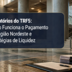 Imagem institucional sobre precatórios do TRF5. Em primeiro plano, há um quadro azul semitransparente com o texto: "Precatórios do TRF5: Como Funciona o Pagamento na Região Nordeste e Estratégias de Liquidez". Ao fundo, aparece o interior de um prédio com arquitetura moderna, grandes colunas de concreto, amplas janelas de vidro e uma escadaria com corrimãos metálicos. Na parte inferior direita, há uma pilha de documentos organizados, uma pasta executiva e uma caneta sobre uma superfície de mármore. No canto inferior esquerdo, aparece um ícone institucional. A composição utiliza tons de azul, cinza e bege, transmitindo profissionalismo, segurança jurídica e gestão financeira relacionada a precatórios. Forneça seus comentários sobre o BizChat